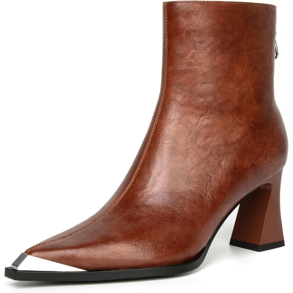 Women's Brown 1 Metal Toe Side Zipper Chunky Block Heels Comfortable Short Boots